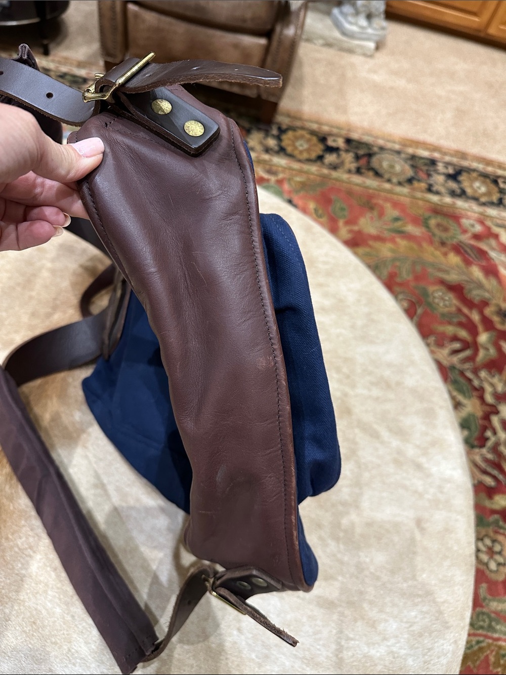 Duluth Pack Navy and Brown Canvas Backpack with Leather Front Pocket. Made ๐บ๐ธ - Picture 5 of 9